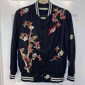 Alice & Olivia Black Silk Embroidered Bomber Jacket XS